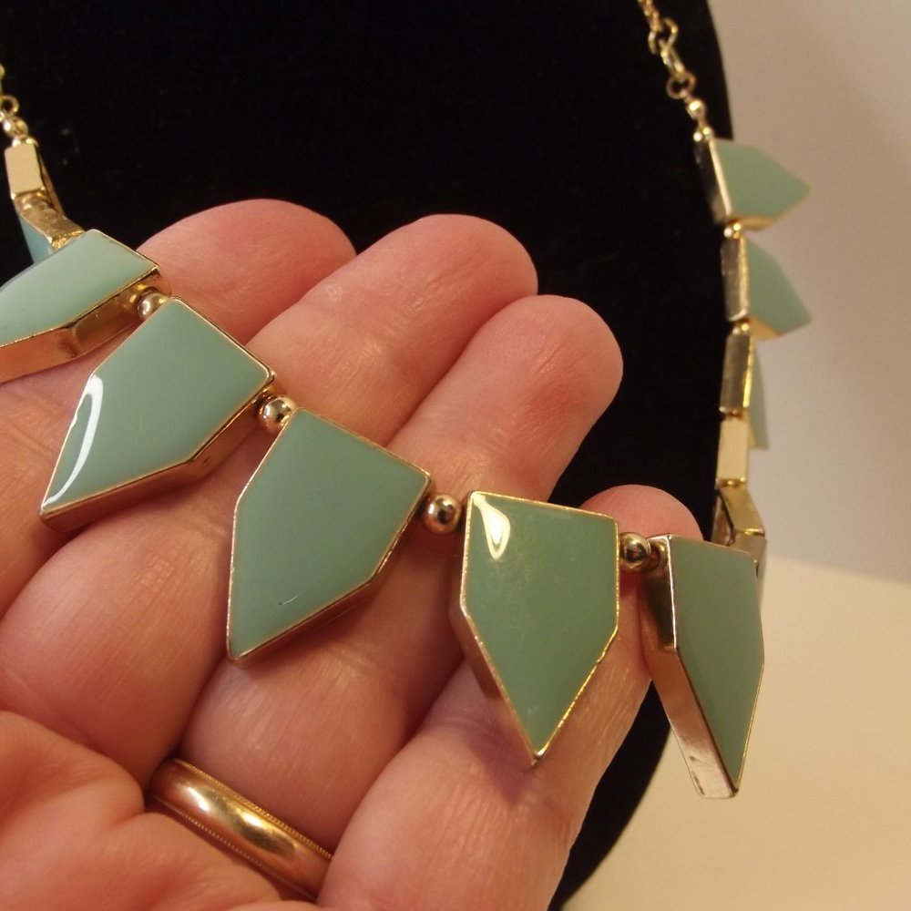 Gold Tone & Green Enamel "Pennant" Necklace
